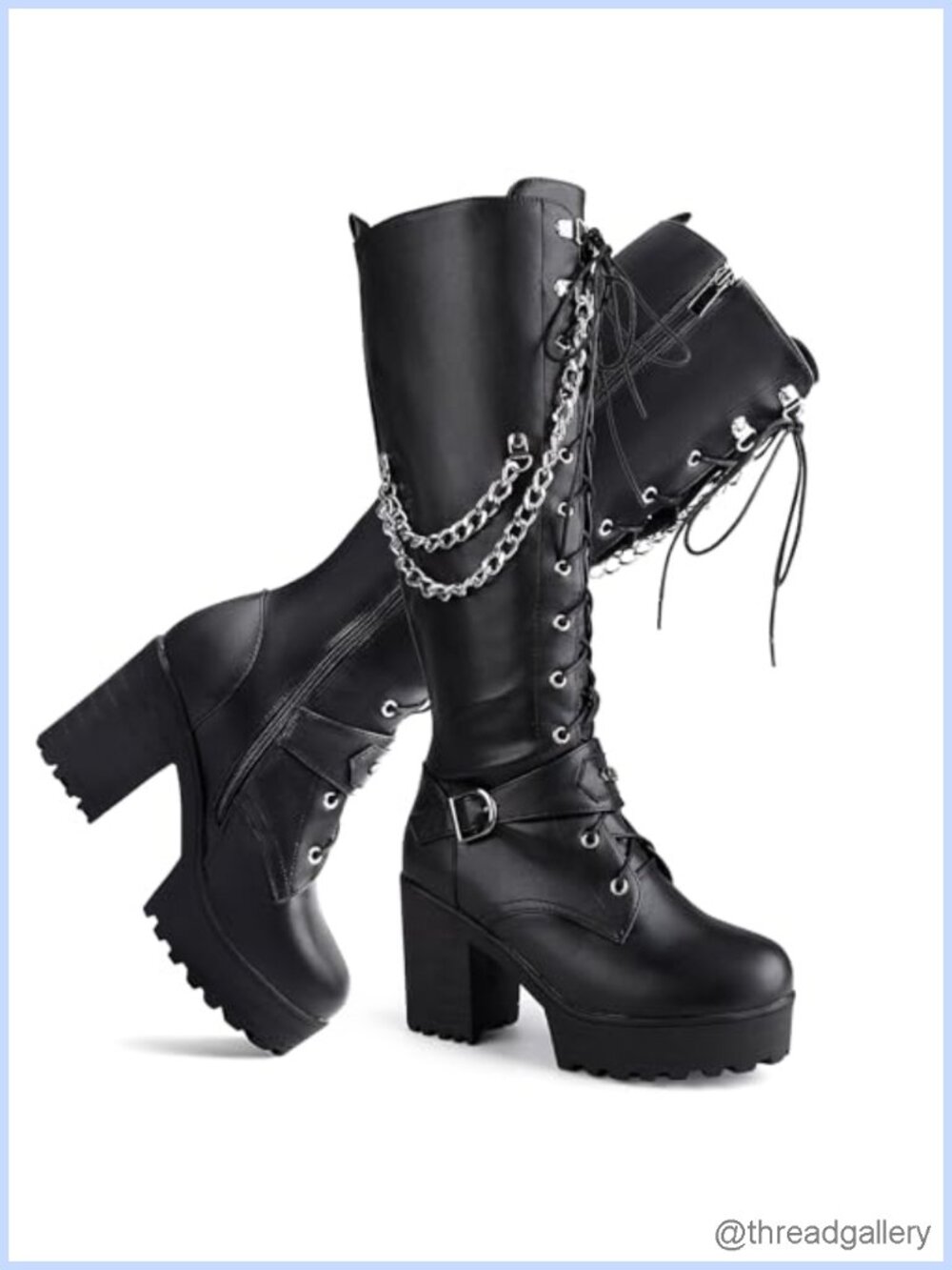 Women's Faux Leather Knee High Platform Combat Boots Lace Up